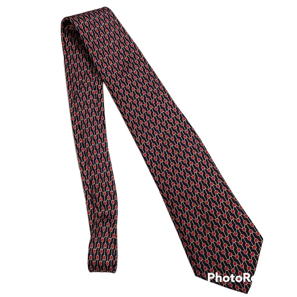 HERMÈS TIE BLUE RED WHITE GEOMETRIC PRINT SILK 7024 TA FRANCE LUXURY ACCESSORY